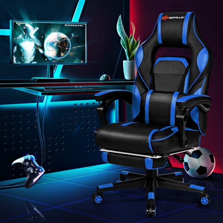 Close-up of the Massage Gaming Chair's lumbar cushion with massage function, featuring black and blue PU and PVC blend.