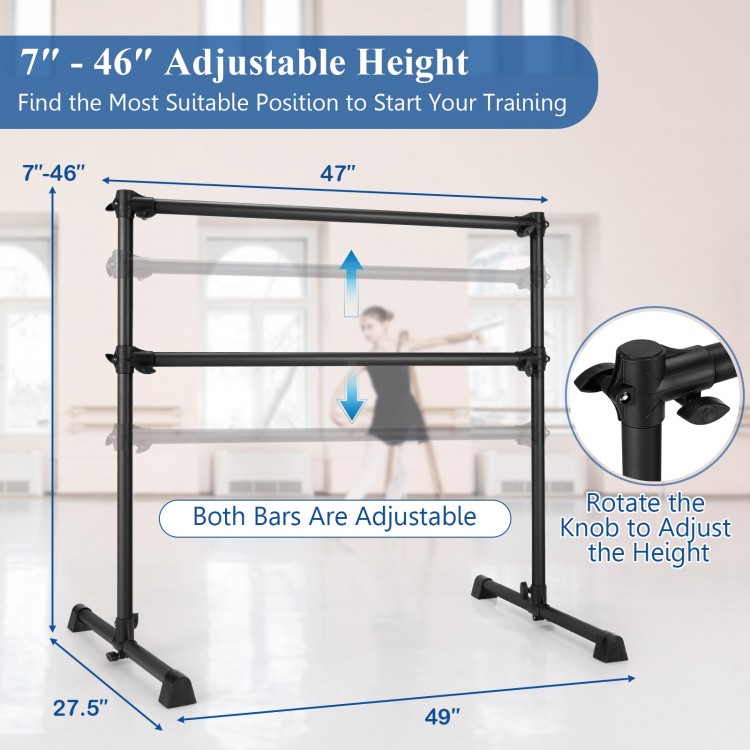 Adjustable black ballet barre shown with dimensions, height from 7" to 46", ideal for various exercises and users.