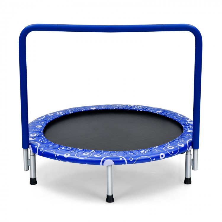 36-inch kids trampoline in blue with padded cover and full handrail, designed for safe indoor and outdoor jumping.