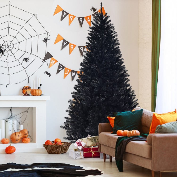 Black 7.5 feet hinged artificial Halloween Christmas tree with realistic branch tips, perfect for festive indoor.