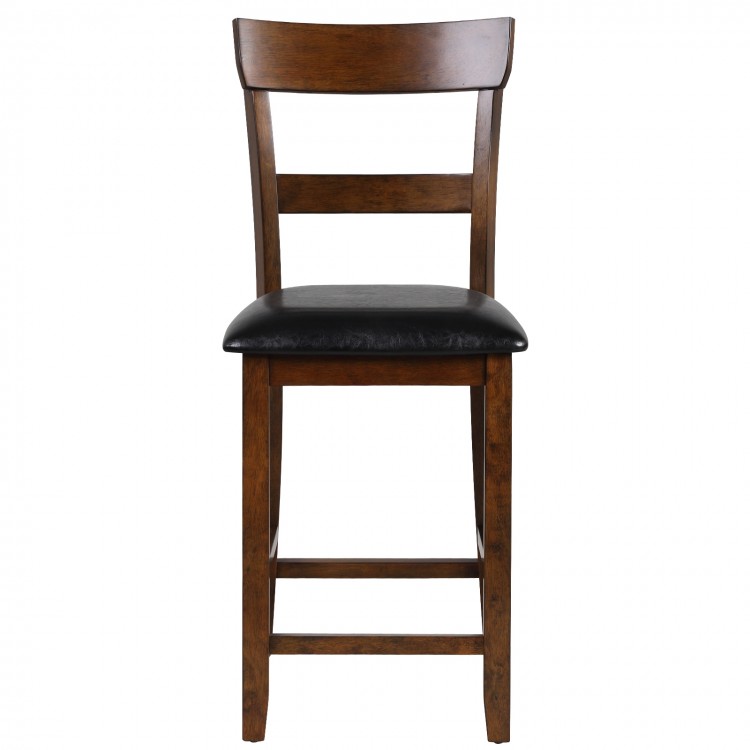 Counter height chair with rubber wood legs and PVC leather seat, featuring a curved backrest for comfort and support.