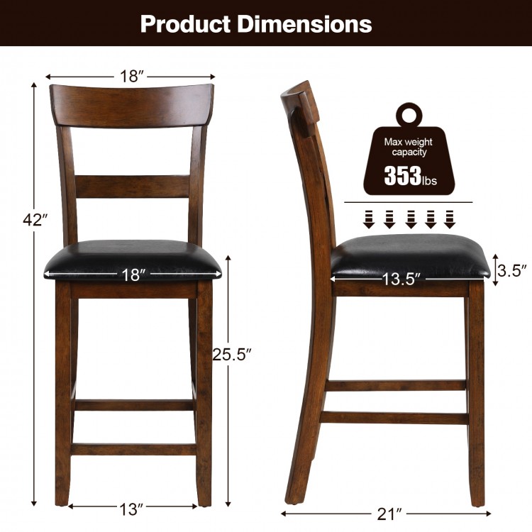 Counter height chair with leather seat and rubber wood legs, featuring a curved backrest for comfort and support.