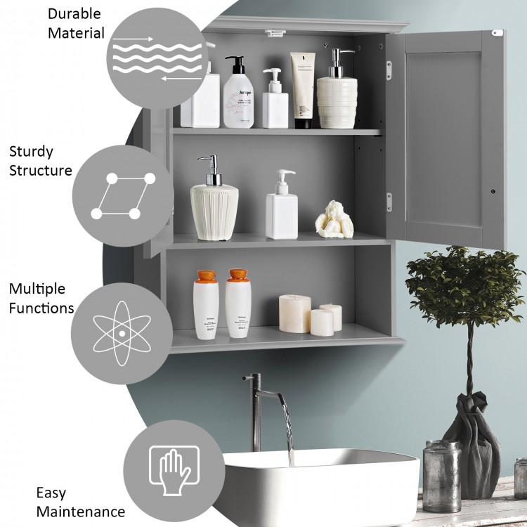 Wall-mounted dark gray bathroom storage cabinet with open shelf and two doors, ideal for compact spaces and modern.