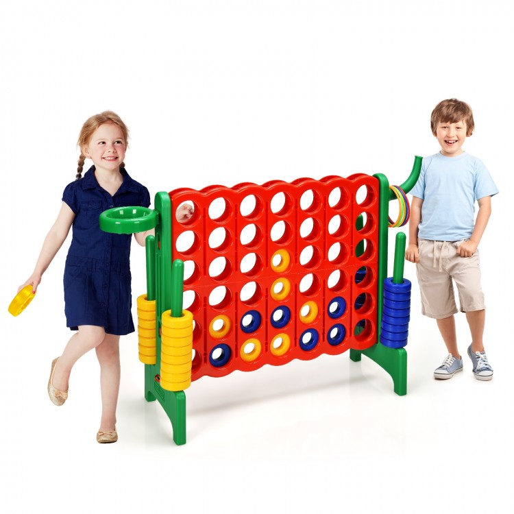 Giant 4-to-score game set with red and yellow discs, perfect for kids and adults for outdoor fun and skill development.