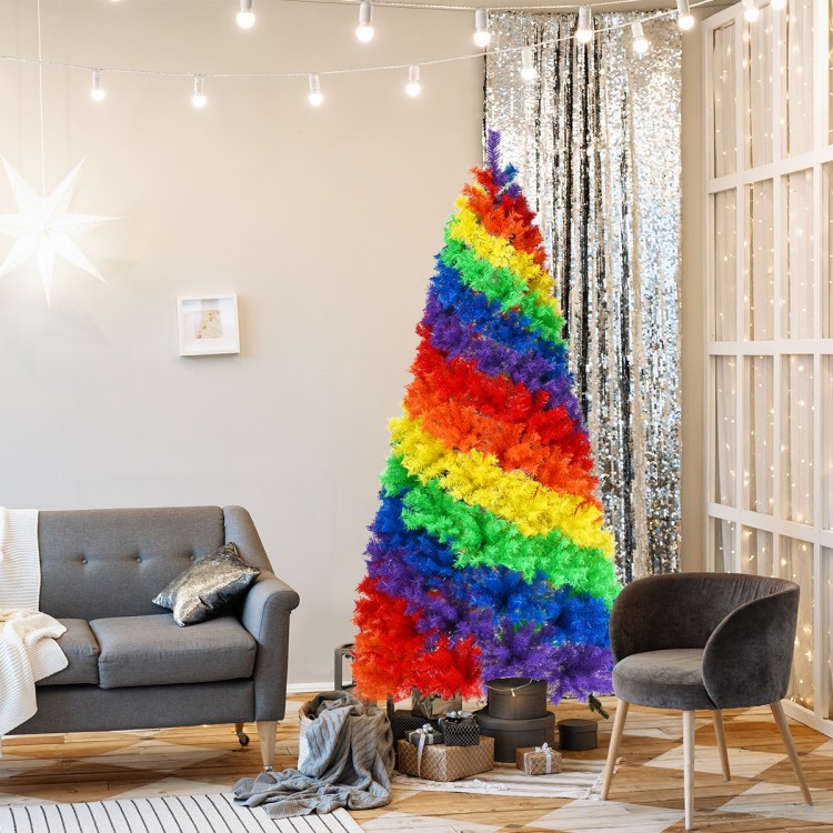 Colorful 7-foot artificial Christmas tree with 1213 rainbow branch tips, perfect for indoor or outdoor holiday.