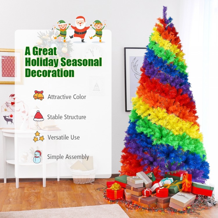Colorful 7 feet artificial Christmas tree with 1213 rainbow branch tips, ideal for indoor and outdoor holiday.