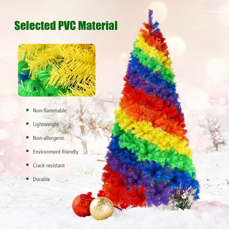 Colorful 7 feet artificial Christmas tree with 1213 PVC branch tips, ideal for indoor and outdoor holiday decoration.