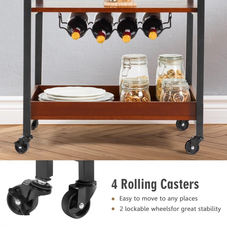 Three-tier kitchen island serving bar cart with wine bottle rack and glass holder, featuring four rolling casters for.