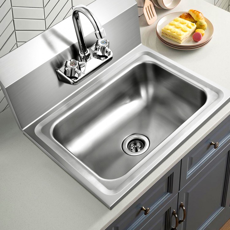 Stainless steel wall mount hand washing sink showing rounded corners, large bowl, and convenient rotatable faucet for.