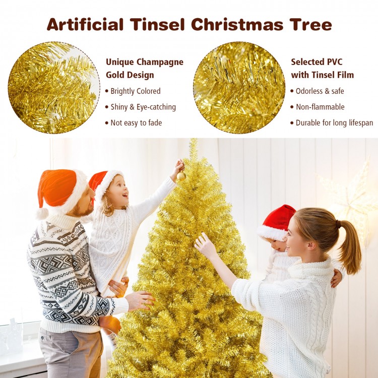 Champagne gold 6 ft artificial tinsel Christmas tree with hinged branches and sturdy metal stand for festive decoration.