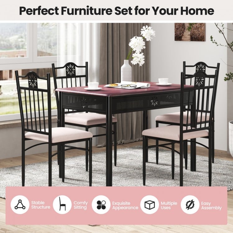 Stylish dining table set with a modern design, featuring a black metal frame and cushioned chairs for comfortable.