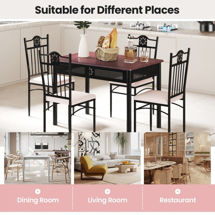 Dining table set with elegant wood finish and cushioned chairs, suitable for dining rooms, living rooms, or restaurants.