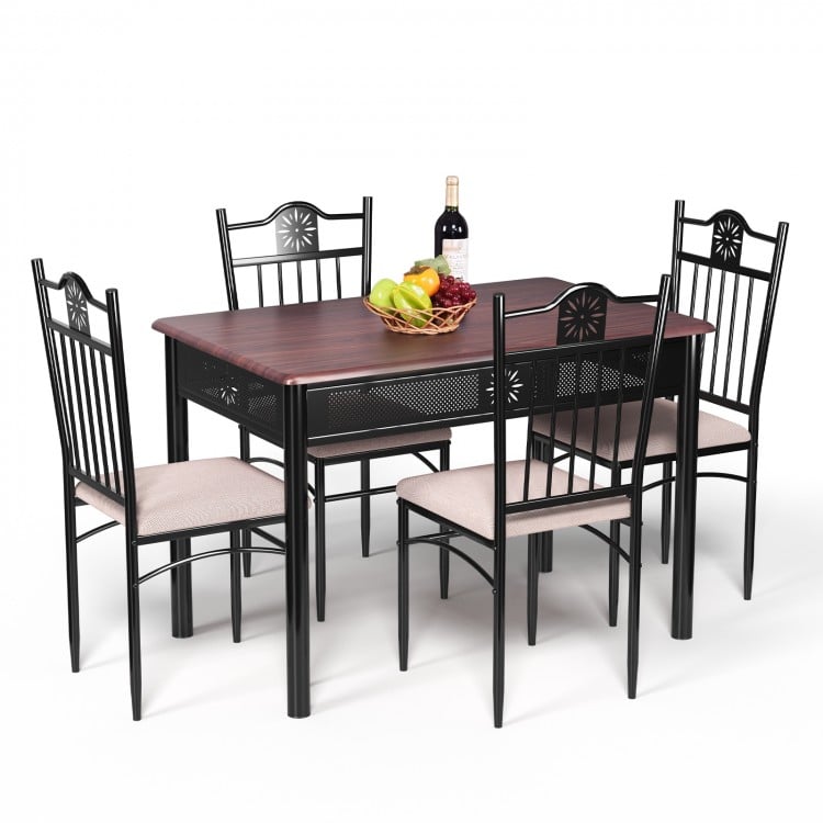 5-piece dining set featuring a wood and metal table with 4 cushioned chairs, perfect for elegant dining experiences.