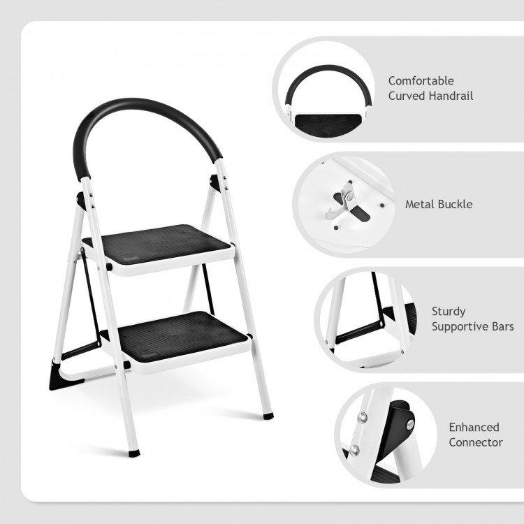 Folding step stool with iron frame, anti-slip pedals, and curved handrail for safety, ideal for home and office tasks.