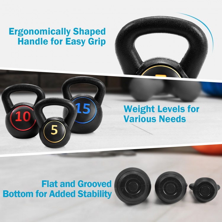 Kettlebell weight set featuring 5, 10, and 15lbs options with ergonomic handles for comfortable grip and stability.