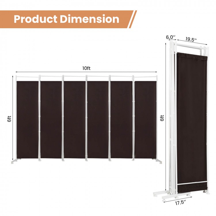 6-panel folding privacy screen in brown, featuring a durable polyester fabric and steel frame for versatile room.