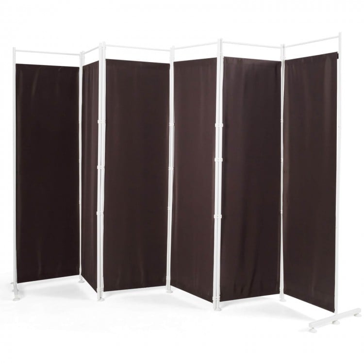 6-panel folding privacy screen in brown with a steel frame and durable polyester fabric, ideal for creating private.
