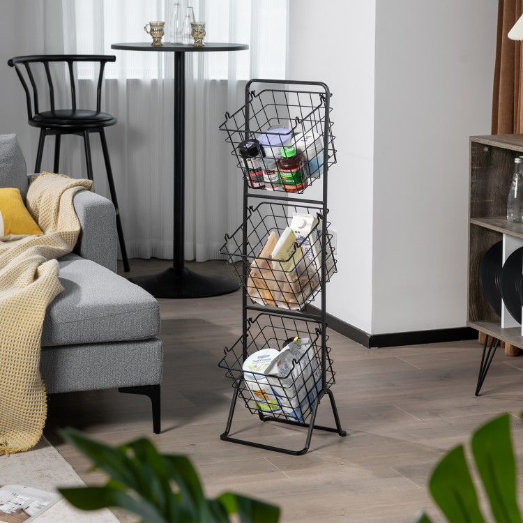 3-tier fruit basket stand with adjustable heights, featuring removable wire baskets for storage in kitchen or living.