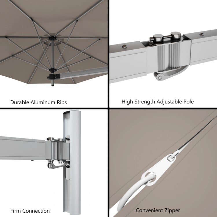Close-up of the adjustable pole and firm connection of the 8ft wall-mounted aluminum sun shade umbrella for outdoor use.