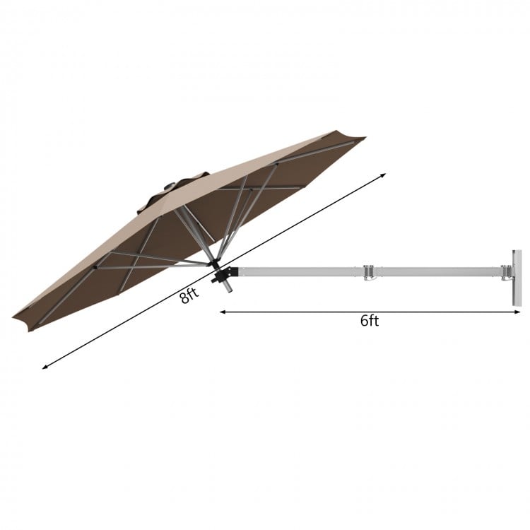 8ft wall-mounted telescopic folding umbrella in tan with adjustable angle, ideal for outdoor shading in gardens or.