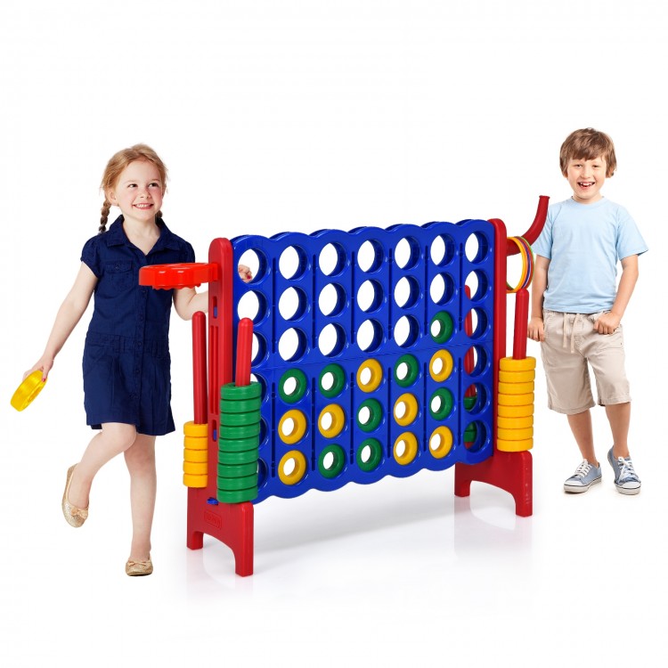 Giant 4-to-Score game set with kids playing, featuring durable PP and PE materials for outdoor fun and learning.