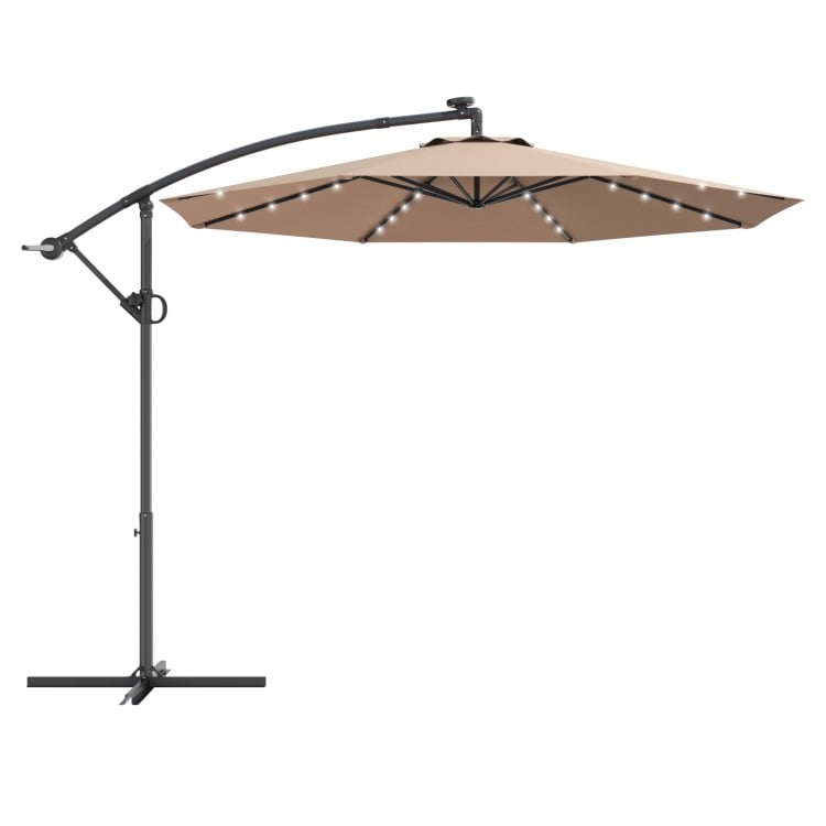Beige 10 ft solar-powered LED patio offset umbrella showcasing its elegant design and adjustable tilt for versatile.