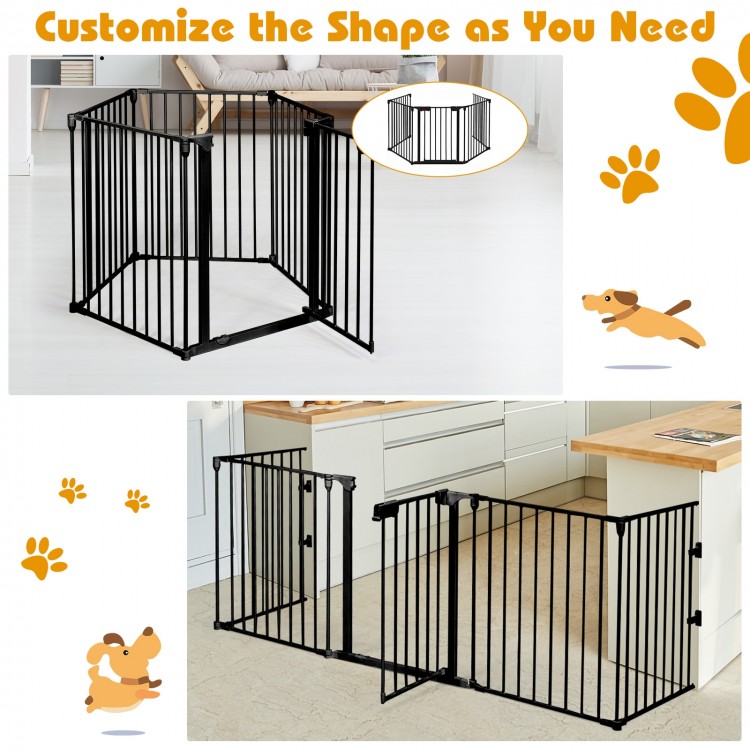 5-panel adjustable black metal fireplace fence with walk-through door, ideal as a pet gate or safety barrier for indoor.