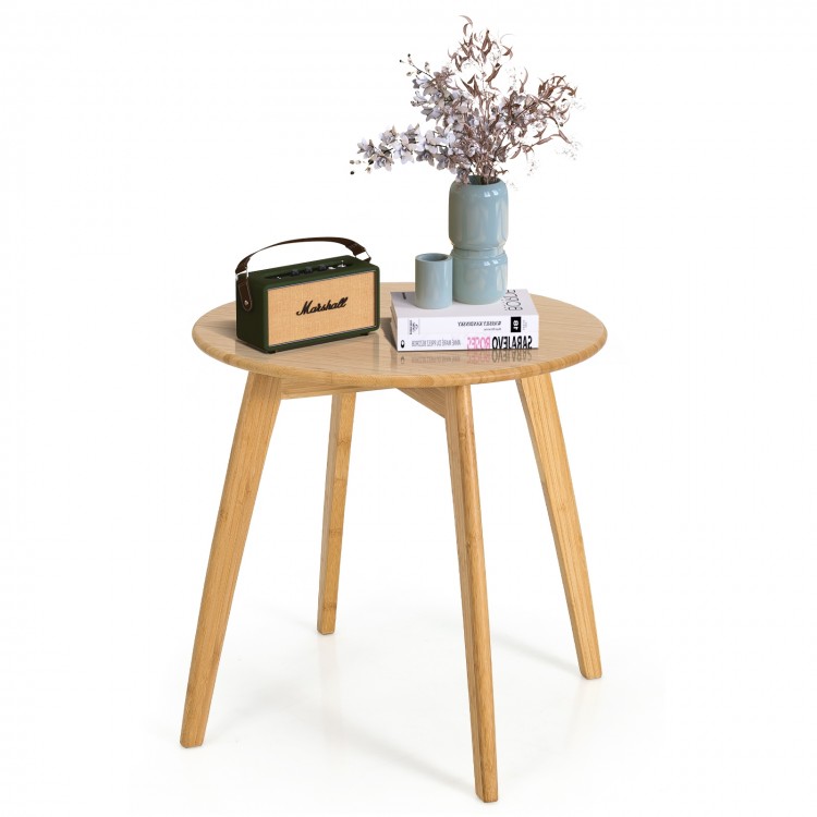 Bamboo round end table with a 20-inch tabletop, featuring a natural finish and sturdy X-shaped legs for stability.