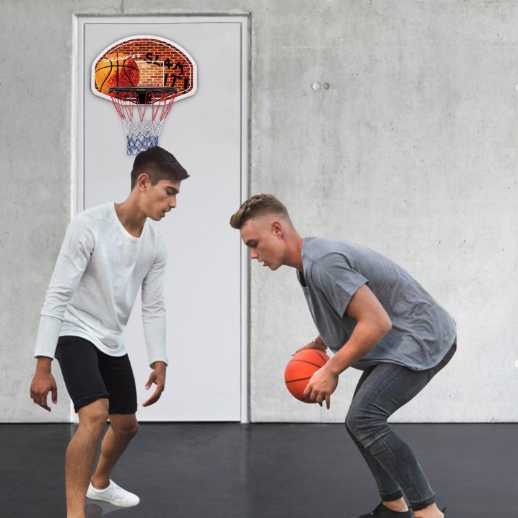Wall mounted basketball hoop with a 29" polypropylene backboard and two nylon nets, perfect for indoor play.