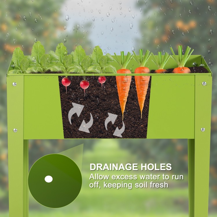 Elevated green garden planter with drainage holes, showcasing fresh lettuce and carrots for easy gardening.