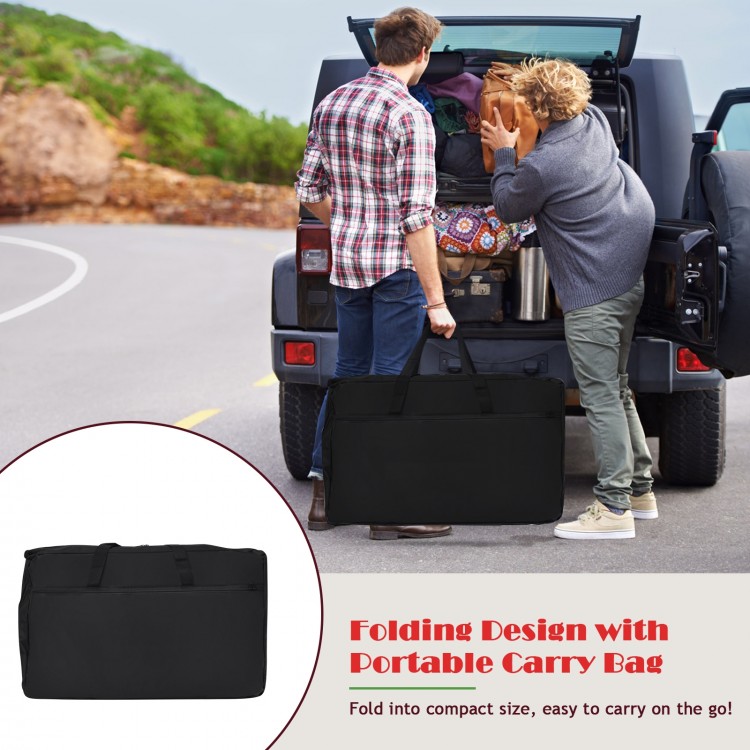 Folding camping table with storage organizer in black, featuring a large countertop and side tables, ideal for outdoor.