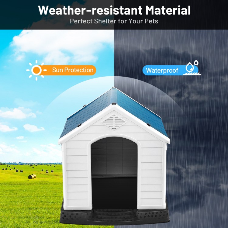 Plastic waterproof ventilated pet house with a sloped roof for rain protection, perfect outdoor shelter for dogs.
