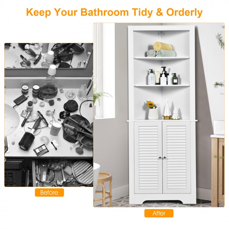 Free standing tall bathroom corner storage cabinet in white with three shelves, ideal for organizing small spaces.