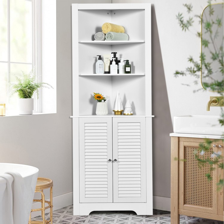 Free standing tall bathroom corner storage cabinet in white featuring smooth metal knobs and a sleek design for easy.