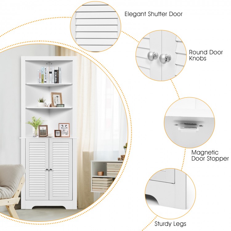 Free standing tall white bathroom corner storage cabinet with three shelves and elegant shutter doors for versatile.