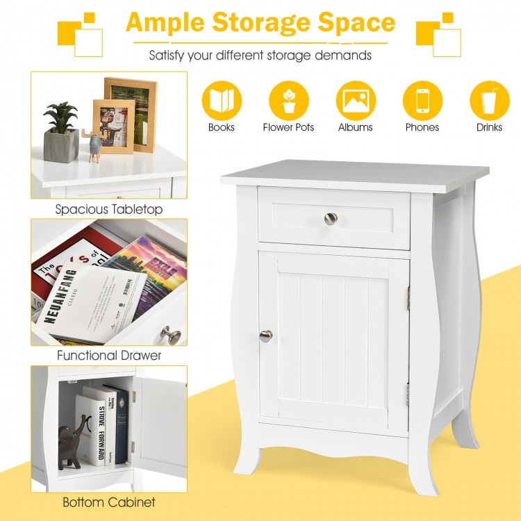 Wooden accent end table in white with spacious tabletop, drawer, and cabinet for stylish storage in any room.