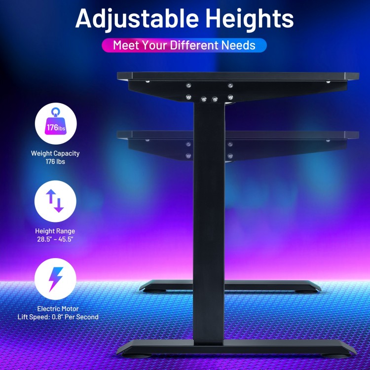 Electric standing gaming desk with adjustable height, carbon fiber texture, and noiseless motor for a comfortable.