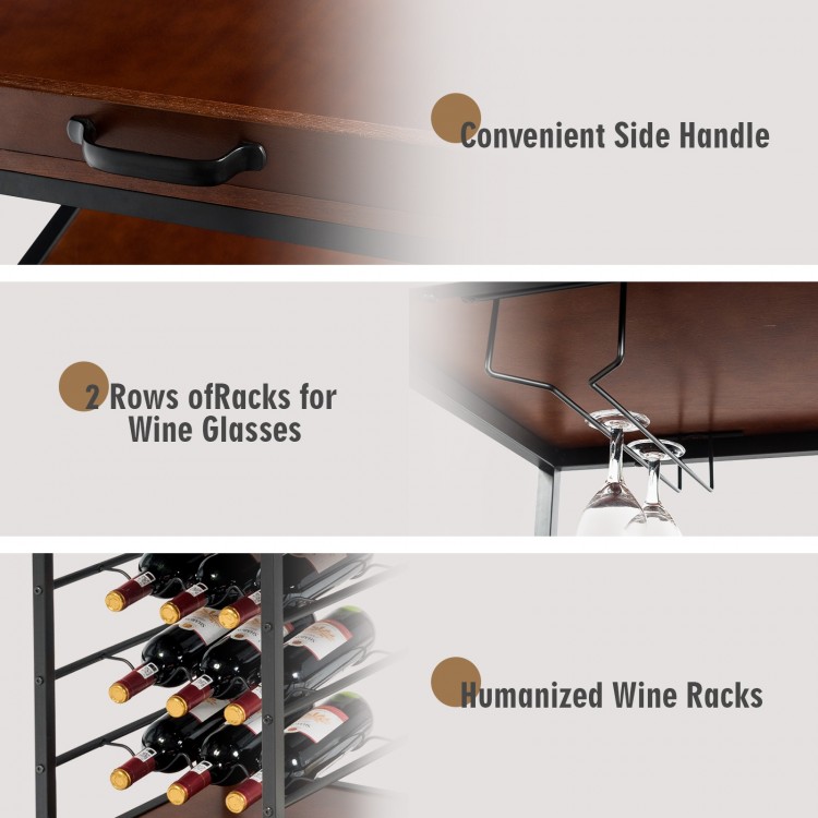 Three-tier storage bar serving cart with wine rack, featuring a sturdy metal frame and convenient side handle for easy.