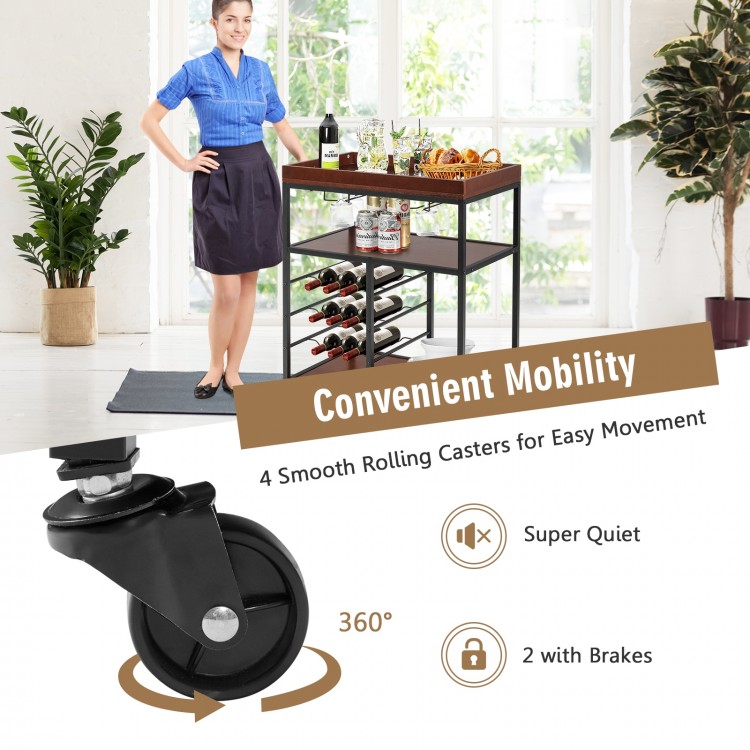 3-tier storage bar serving cart with wine rack, featuring 4 smooth rolling casters for easy mobility in kitchens.