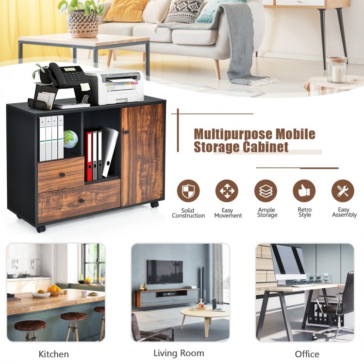 Mobile filing cabinet with brown wood grain, featuring 2 drawers, open shelves, and caster wheels for easy movement in.
