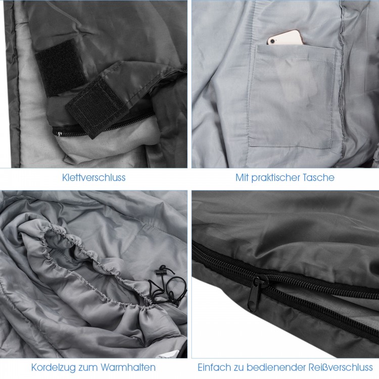 Detail of the 2 Person Waterproof Sleeping Bag showing the interior pocket, zipper, and drawstring for warmth.
