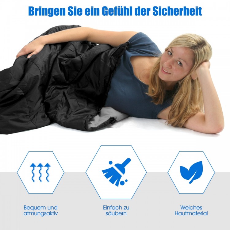 Zwei-Personen-Wasserdichter Schlafsack in Schwarz mit zwei Kissen, ideal für Camping und Outdoor-Aktivitäten.