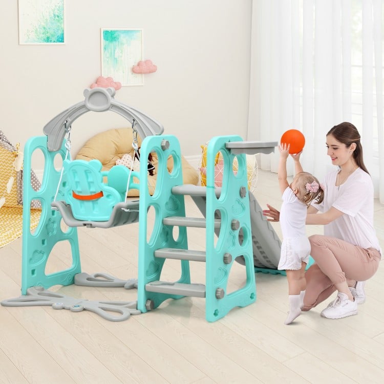 3-in-1 toddler climber and swing set in green with slide, swing, and basketball hoop for safe play and physical.