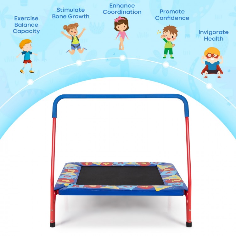 Kids 36" square trampoline with foamed handrail in blue, designed for indoor and outdoor fun and safety.