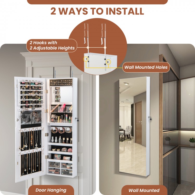 Jewelry cabinet showcasing 2 installation options: door hanging with hooks or wall-mounted with screws for versatile.