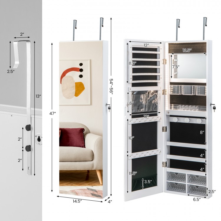 Jewelry cabinet interior showing organized storage compartments, velvet lining, and a small mirror with LED light strip.