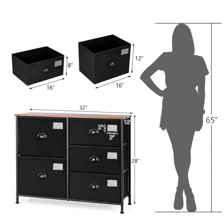 5-drawer storage dresser in black with a solid steel frame and fabric drawers, ideal for bedroom or entryway.
