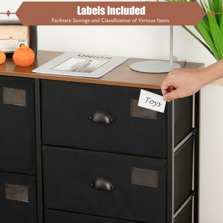 5-drawer storage dresser in black with labels included, perfect for organizing clothes and toys in small spaces.