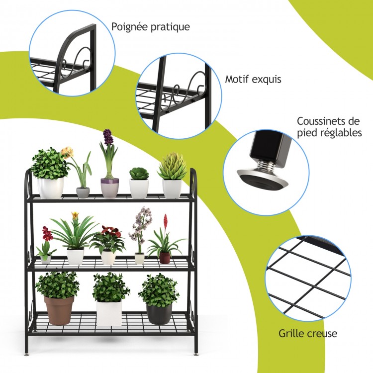 3-tier metal plant stand shelf with adjustable footpads, sturdy steel frame, ideal for indoor or outdoor plant display.