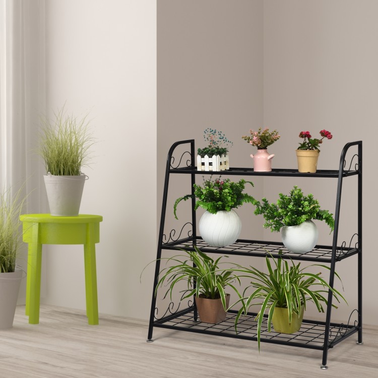 3-tier metal plant stand shelf with sturdy steel frame, perfect for displaying plants and decorations in any room.